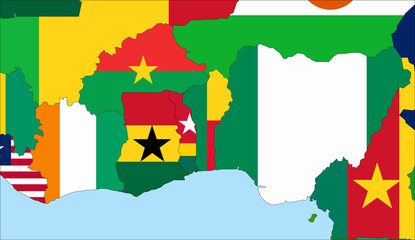 Center the map of Benin. Vector maps showing Benin and neighboring countries. Flags are indicated on the country maps, the most recent detailed drawing.