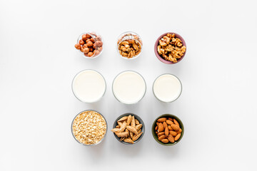 Almond, hazelnut, walnut oat milk in bottles - top view