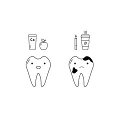A healthy white tooth and a bad tooth. Good and bad habits. Proper nutrition for healthy and beautiful teeth. Black outline icon isolated on a white background. For web design, mobile, ui