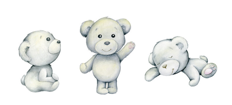 Polar bears, in cartoon style, on an isolated background. Watercolor animals, for postcards, invitations, children's parties, in the winter.