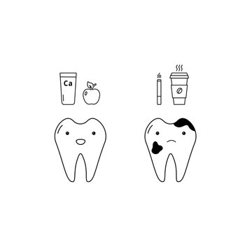 A healthy white tooth and a bad tooth. Good and bad habits. Proper nutrition for healthy and beautiful teeth. Black outline icon isolated on a white background. For web design, mobile, ui