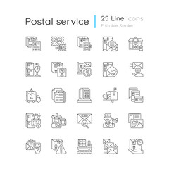 Postal services linear icons set. Express mail delivery business. Transportation industry, post office customizable thin line contour symbols. Isolated vector outline illustrations. Editable stroke