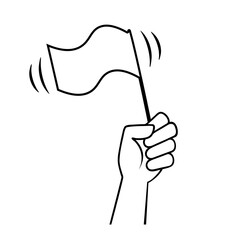 Hand holding blank flag line icon. Clipart image isolated on white background.