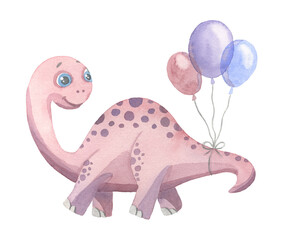 Cute cartoon dinosaur with balloons painted in watercolor isolated on a white background. Fantastic prehistoric animal sticker