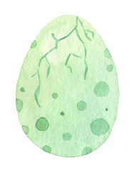 Cute fantasy spotted dinosaur egg with crack painted by watercolor isolated on white background