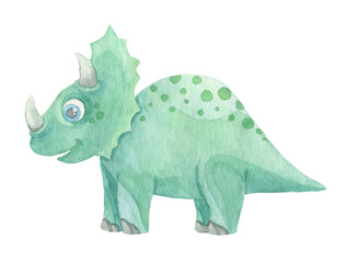 Naklejka premium Cute cartoon dinosaur painted in watercolor isolated on white background. Fantastic prehistoric animal sticker