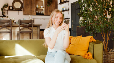 Woman using dating app on phone, swiping and touching screen. Using smart phone and surfing social media, checking news, playing mobile games, texting message.