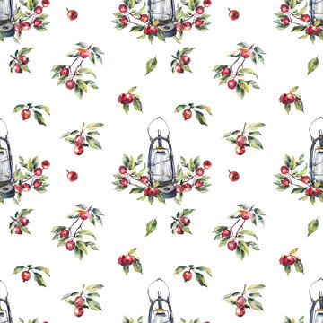 Small Red Apples Seamless. Pattern From Chines Apples. Food Drawings. White Background. Watercolor Hand Drawn Illustration.