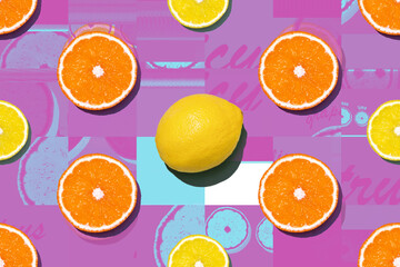 Top view of fresh lemon and orange seamless pattern on glitch purple cyan background. Many sliced yellow lemon and orange, one full lemon in center seamless texture background. Fruit minimal concept.