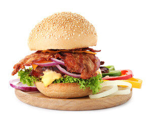 Tasty burger with bacon on white background