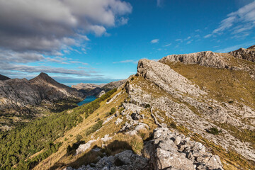 Serra de Tramuntana mountains scenery with views over the “Gorg Blau” water reservoir and some beautiful peaks. Located in the island of Majorca, Spain.