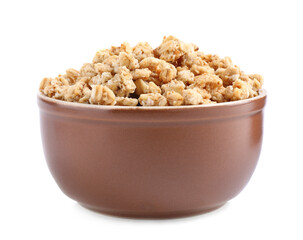 Tasty crispy granola in bowl isolated on white