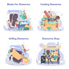 Shawarma street food concept set. Chef cooking delicious roll