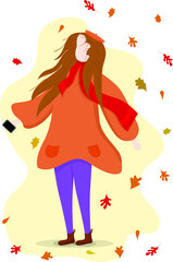 Woman walking in windy fall with leaves, hat, scarf, phone, leaves blowing flat vector