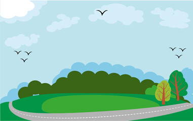 Cartoon empty landscape with a hill and a road. vector background. flat children s style