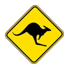 Kangaroo road sign. Vector illustration of yellow diamond shaped traffic sign with kangaroo icon inside. Kangaroos crossing warning symbol isolated on white background. Australian animal sign.