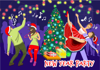 New year s eve party with a crowd of people in the background and two dancing couples in the foreground. Vector Christmas illustration