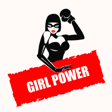 Feminist illustration.Girl power logo.Beautiful, sexy woman in a black latex suit, wearing a mask and boxing glove, holding a panel sign with powerful woman message.Red lipstick.