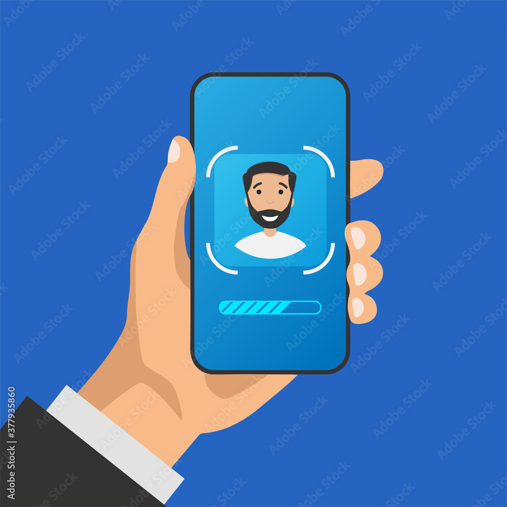 Aufkleber hand holds phone with face id technology on display. face scanning process on a screen. facial recog