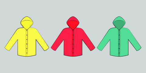 Set of vector raincoats illustration in three colours. Flat icons of seasonal clothing on grey background