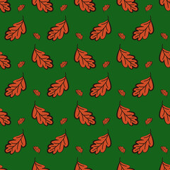 Seamless oak leaves pattern vector illustration on green background for fabric or autumn wrapping paper