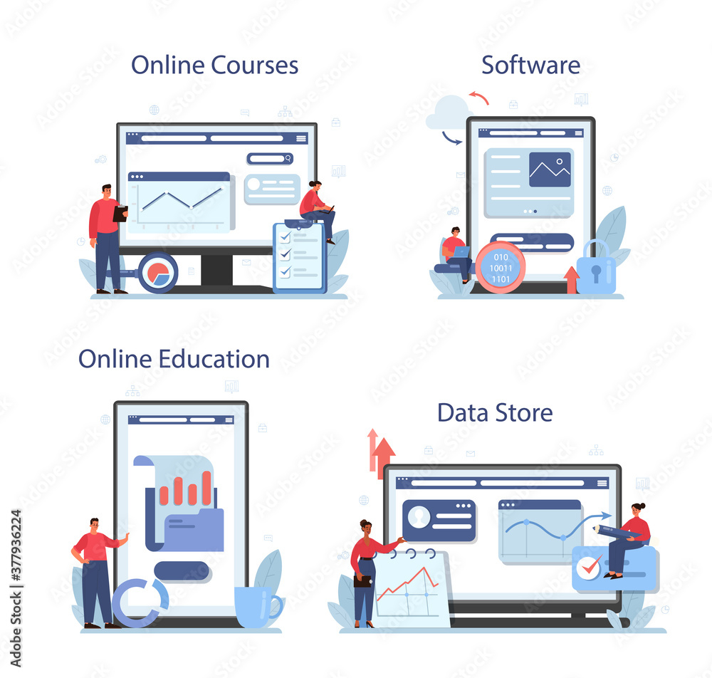 Poster business big data analysis online service or platform set. chart and graph