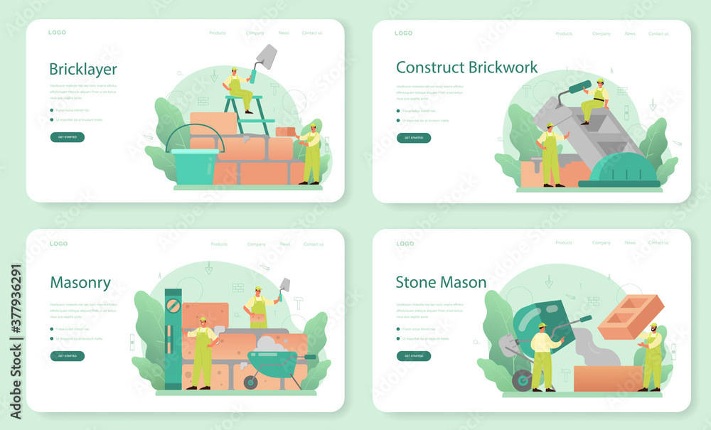 Poster bricklayer web banner or landing page set. professional builder