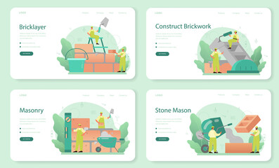 Bricklayer web banner or landing page set. Professional builder