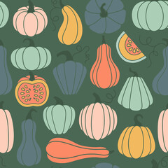 Seamless pattern with hand drawn pumpkin of various shapes and pastel colors in dark background. Autumn texture for thanksgiving, harvest and halloween. 