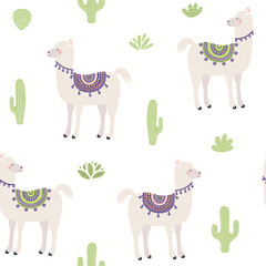 Cute llama and cactus seamless pattern, animals and plants on a white background. Hand drawn vector illustration. Scandinavian style flat design. Concept for kids textile print, wallpaper, packaging.