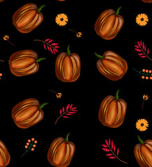 seamless pattern with pumpkins, flowers and plants for thanksgiving day. Use for decor, packing, design.