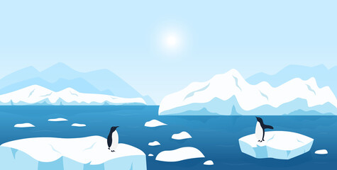Beautiful Arctic or Antarctic landscape. North scenery with large icebergs floating in ocean and penguins. Snow mountains hills, scenic northern icy nature background © Flash Vector