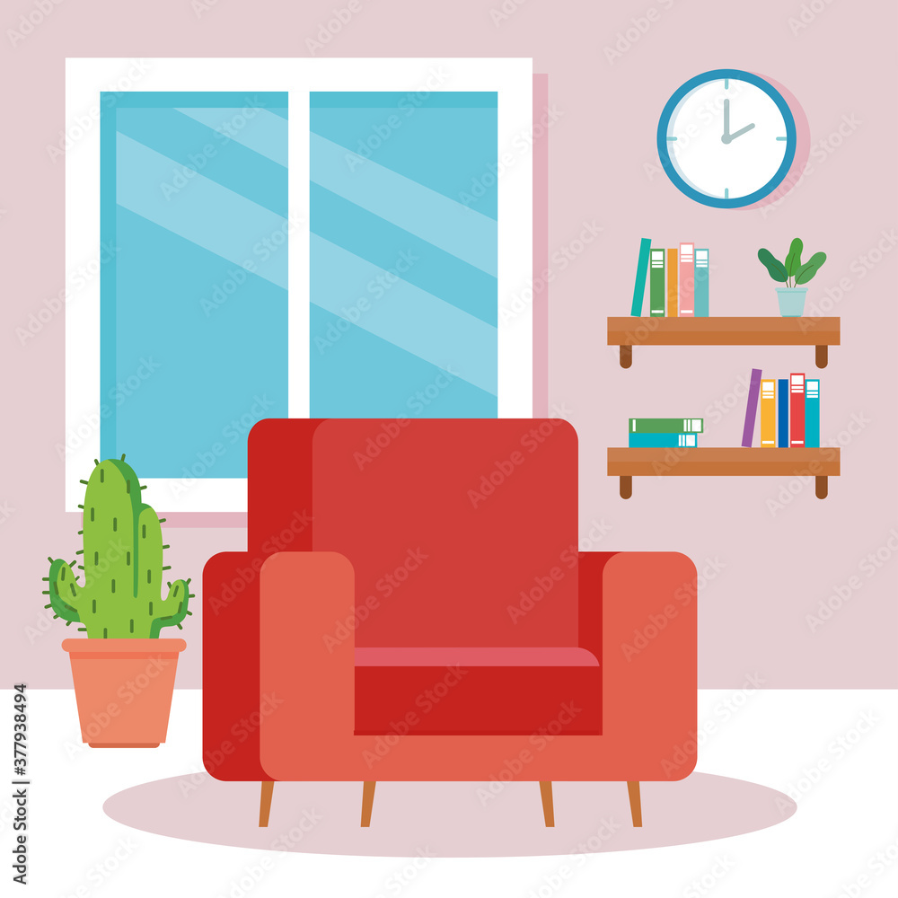 Sticker interior of the living room home, with couch and decoration vector illustration design