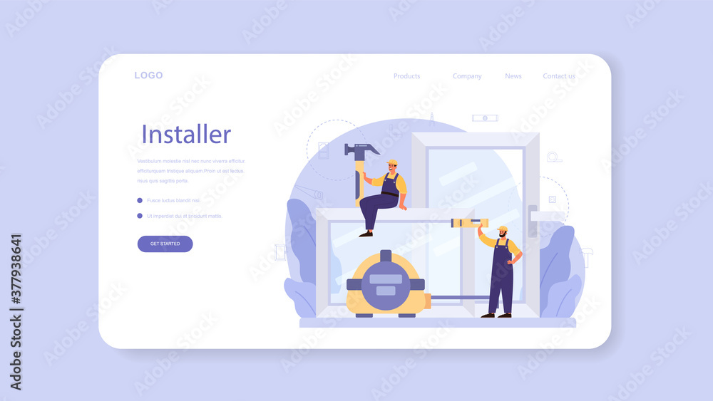 Poster worker in uniform install window web banner or landing page.