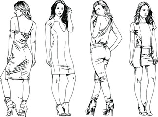 Fototapeta na wymiar vector drawings on the theme of beautiful slim sporty girl in casual clothes in various poses painted ink hand sketch with no background