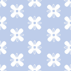 White flowers on blue seamless vector repeat pattern background.
