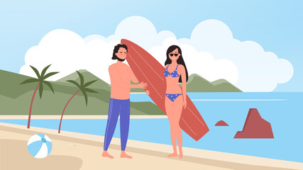 Obraz na płótnie Canvas People on beach summer holidays vector illustration. Cartoon flat happy young surfer couple standing with surf board on sunny tropical sea beach, man woman characters in beachside activity background