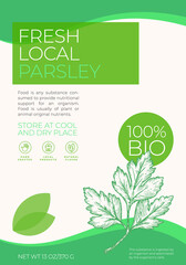 Fresh Local Herbs Label Template. Abstract Vector Packaging Design Layout. Modern Typography Banner with Hand Drawn Parsley Branch Sketch Silhouette Background.