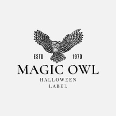 Fototapeta na wymiar Halloween Logo or Label Template. Hand Drawn Evil Flying Owl Bird Sketch Symbol and Retro Typography.