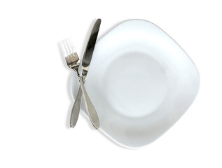 Isolated shot of white square plate with cutlery on white background
