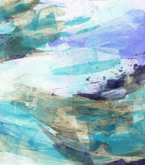 Beautiful mixed media painting for creative artistic design of posters, cards, banners, book covers, websites, wallpapers. Trendy hand painted artwork. Violet and turquoise colours.