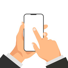 Hand holds phone with white empty screen. Template or mock up of smartphone with blank display. Man click on the smartphone display. Smart technology. Vector illustration.