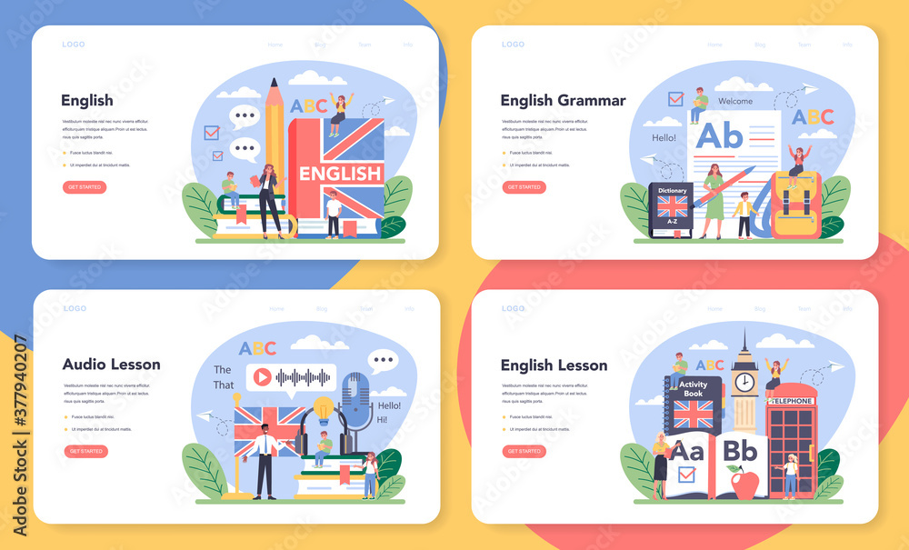 Poster english class web banner or landing page set. study foreign languages