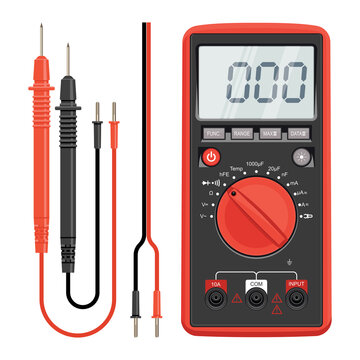 Multimeter Electrical Or Electronics In Red Silicone Shell, With Probes. Electrician Power Tools. Multimeter And Socket.