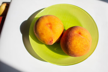 fresh peaches on table. Beautiful red yellow peaches. close up
