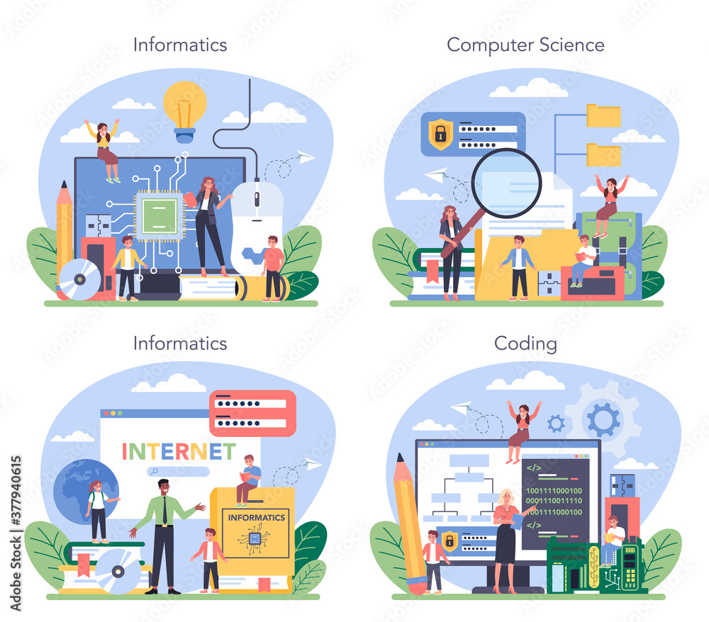 Poster it education concept set. student write software and create code