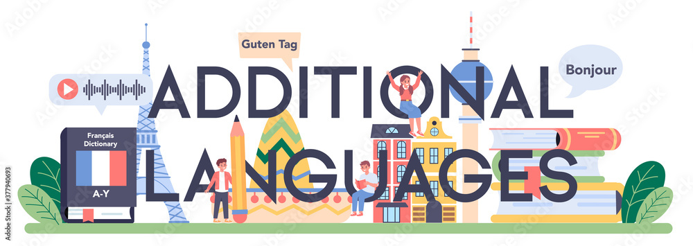 Aufkleber additional languages typographic header. professor teaching foreign