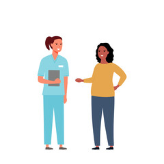 
Cartoon black pregnant woman visiting the gynecologist. Flat vector. Medical concept. Modern design of medicine and women's health. A happy family. Female doctor consults a patient