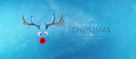 Reindeer toy with cold red nose frozen in ice Christmas background concept 3D Rendering