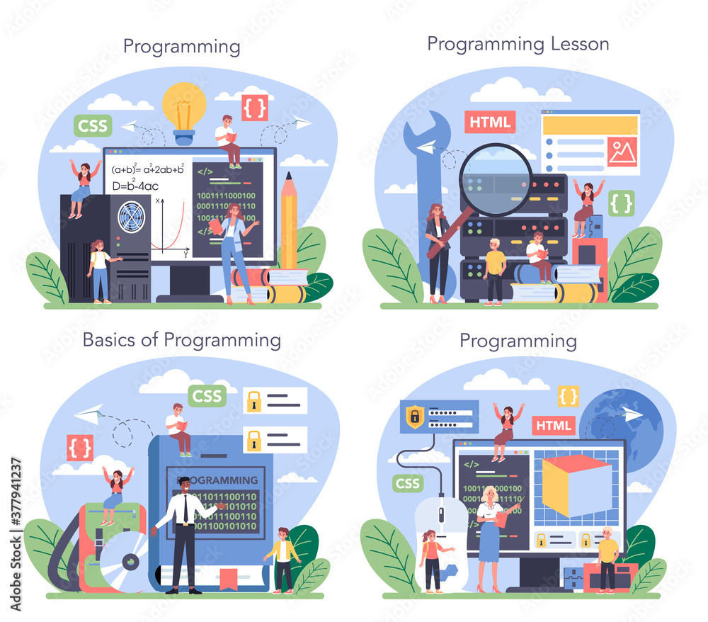 Poster it education concept set. student write software and create code